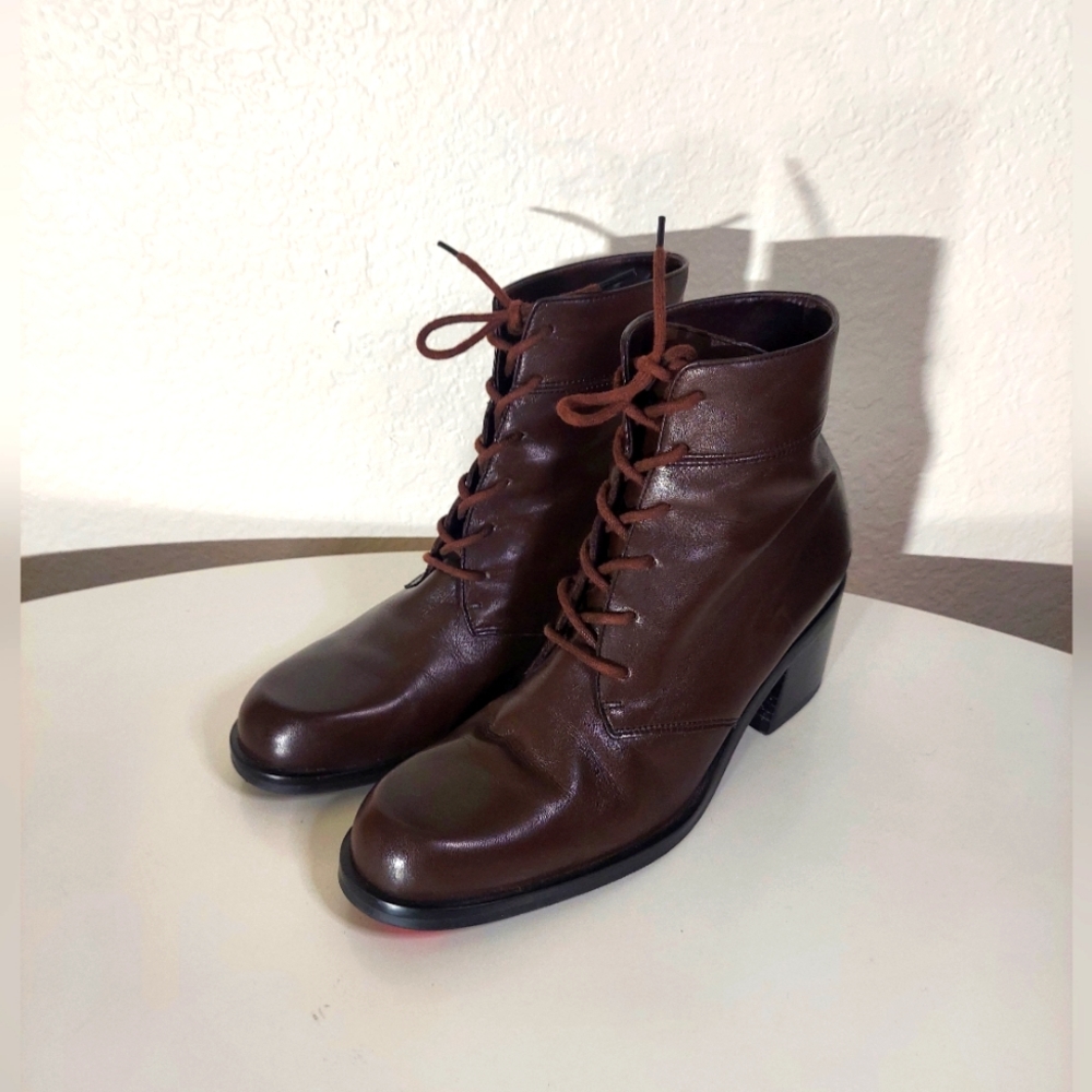 Nine West Vtg Ollie Dark Brown Leather Block Heeled Ankle Boots Women's Size 6 M